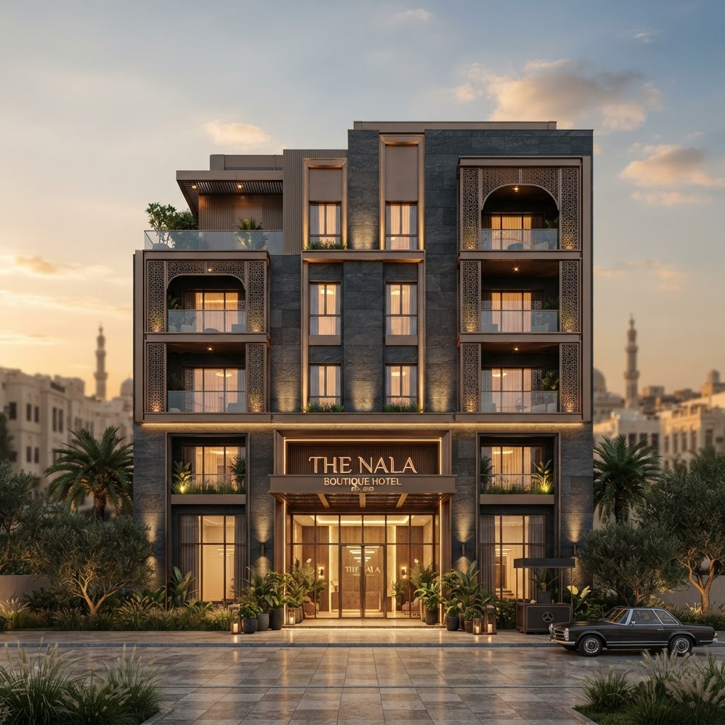 Elegant boutique hotel exterior at golden hour