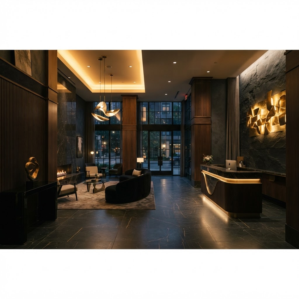 Luxury boutique hotel lobby at dusk