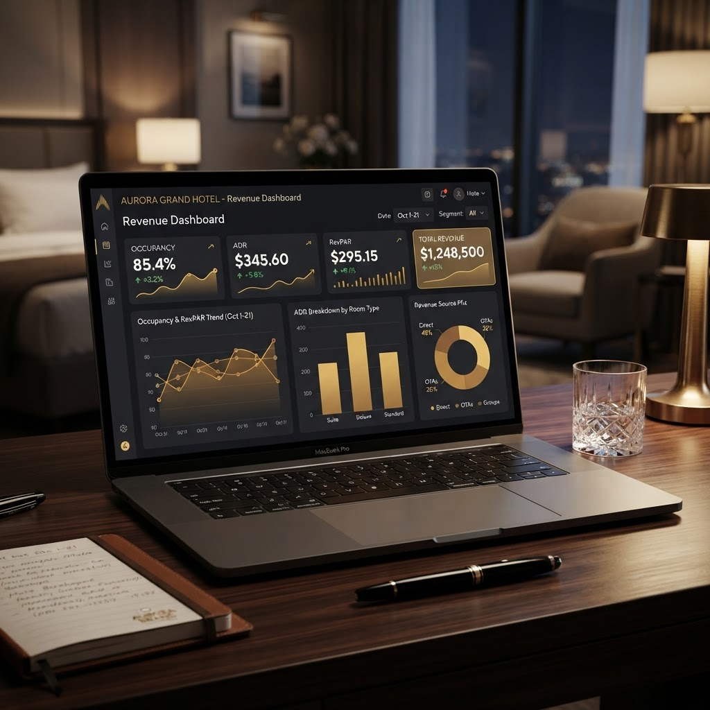 Hotel revenue analytics dashboard showing occupancy, ADR and RevPAR